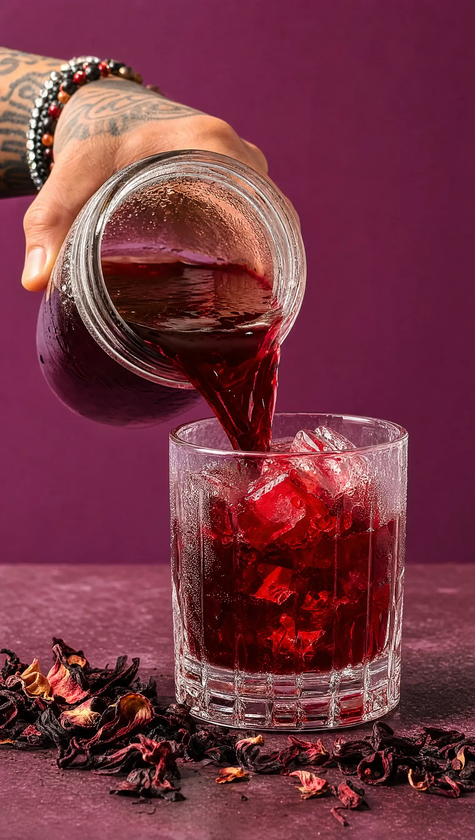 hibiscus juice poured over ice against a deep purple background, dried hibiscus petals scattered nearby