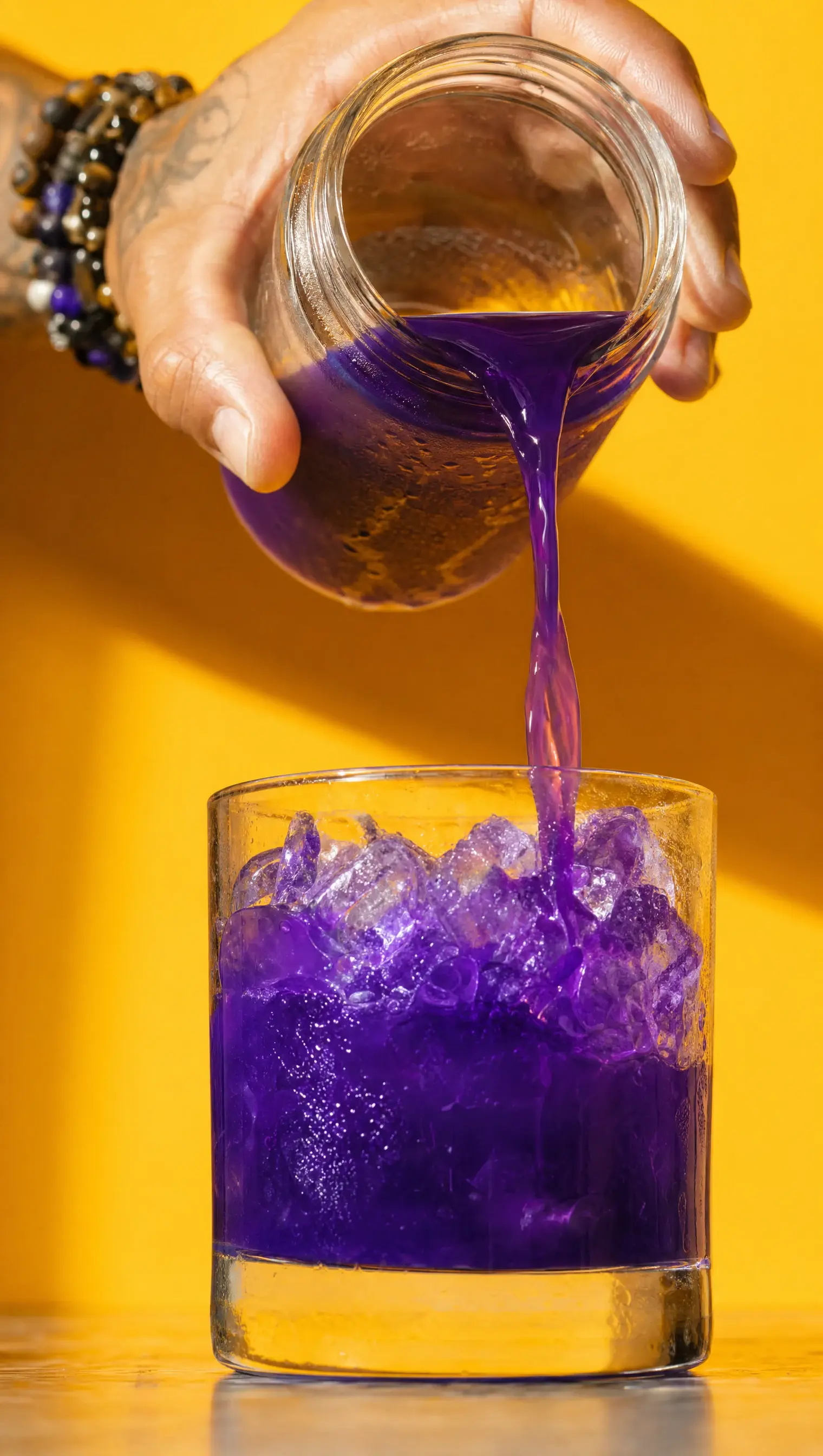 deep purple cabbage juice being poured over ice against a yellow background