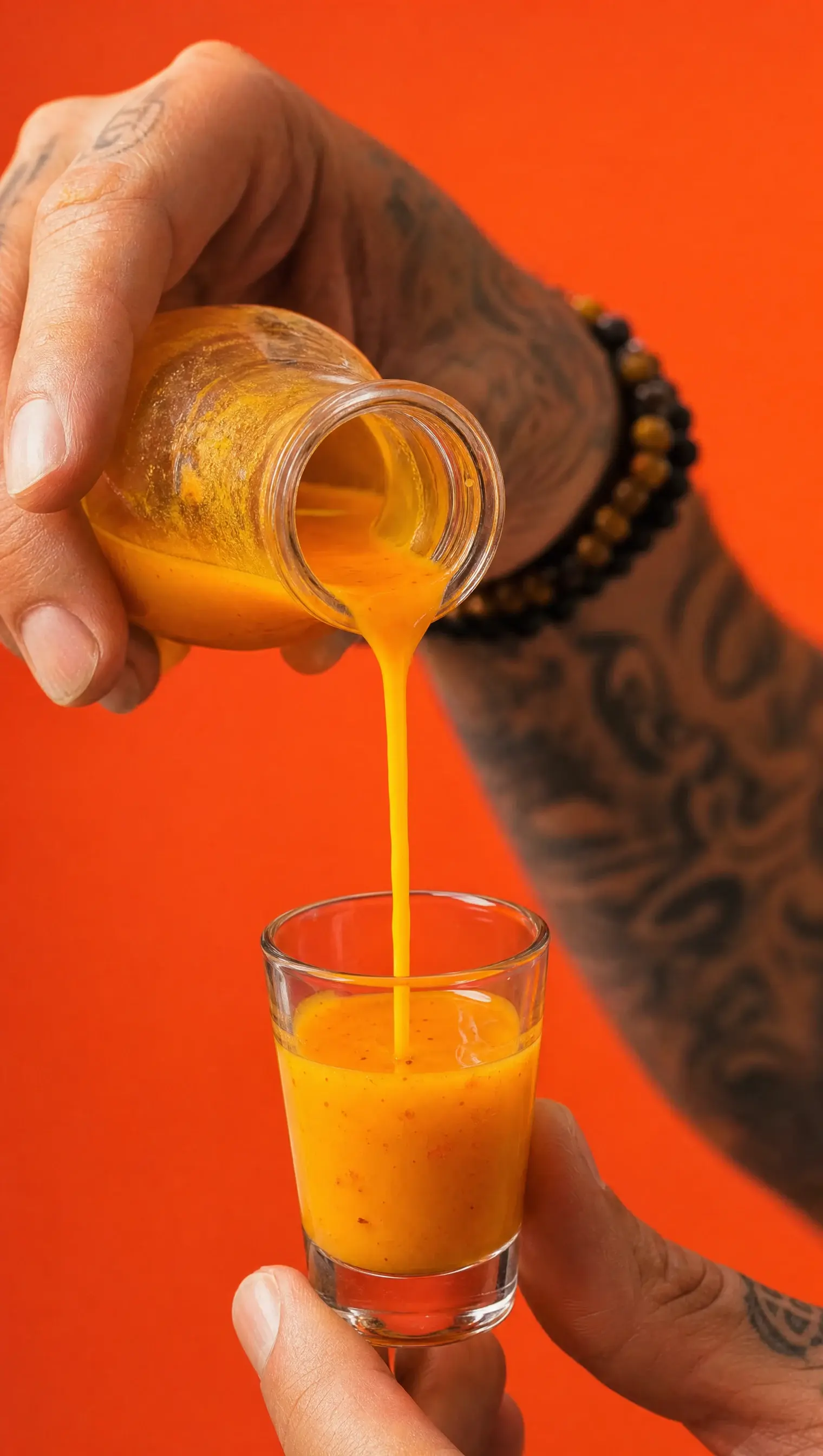 a turmeric-orange ginger shot being poured into a small glass against an orange background