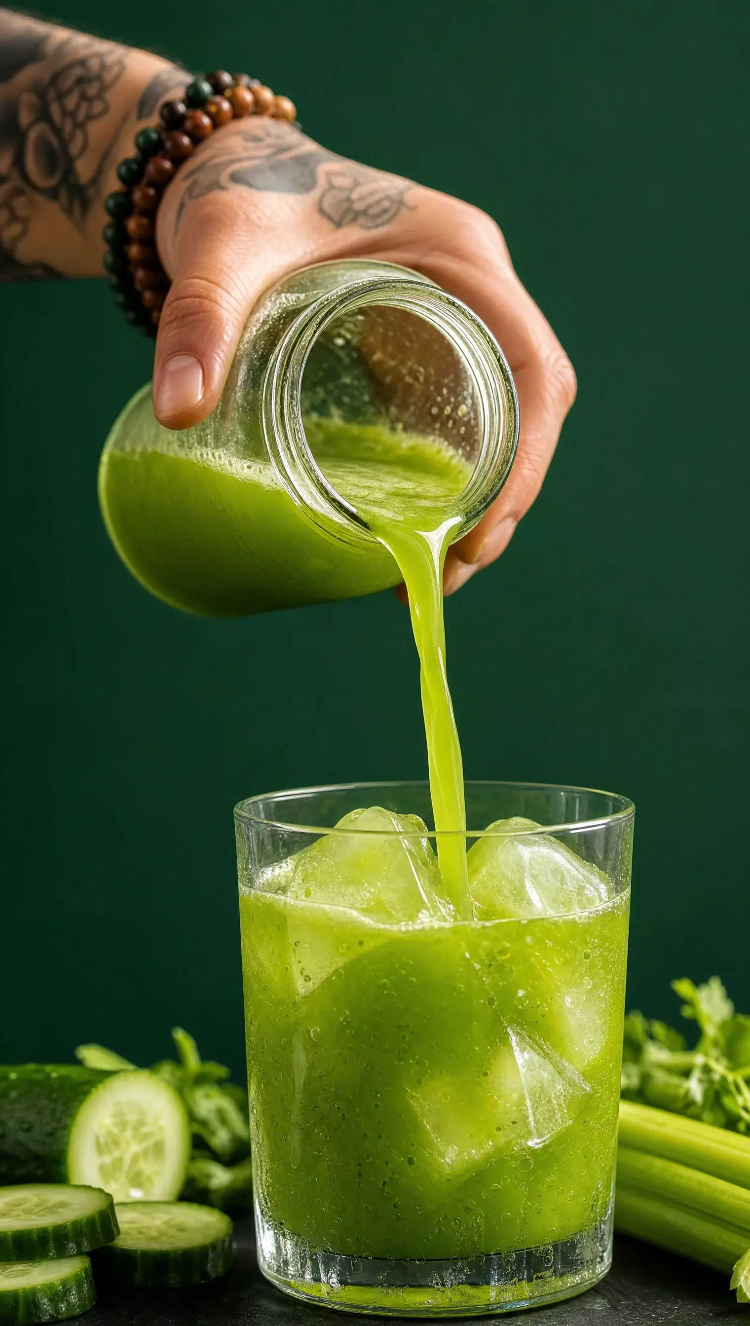 bright green cucumber-celery juice being poured over ice against a green background
